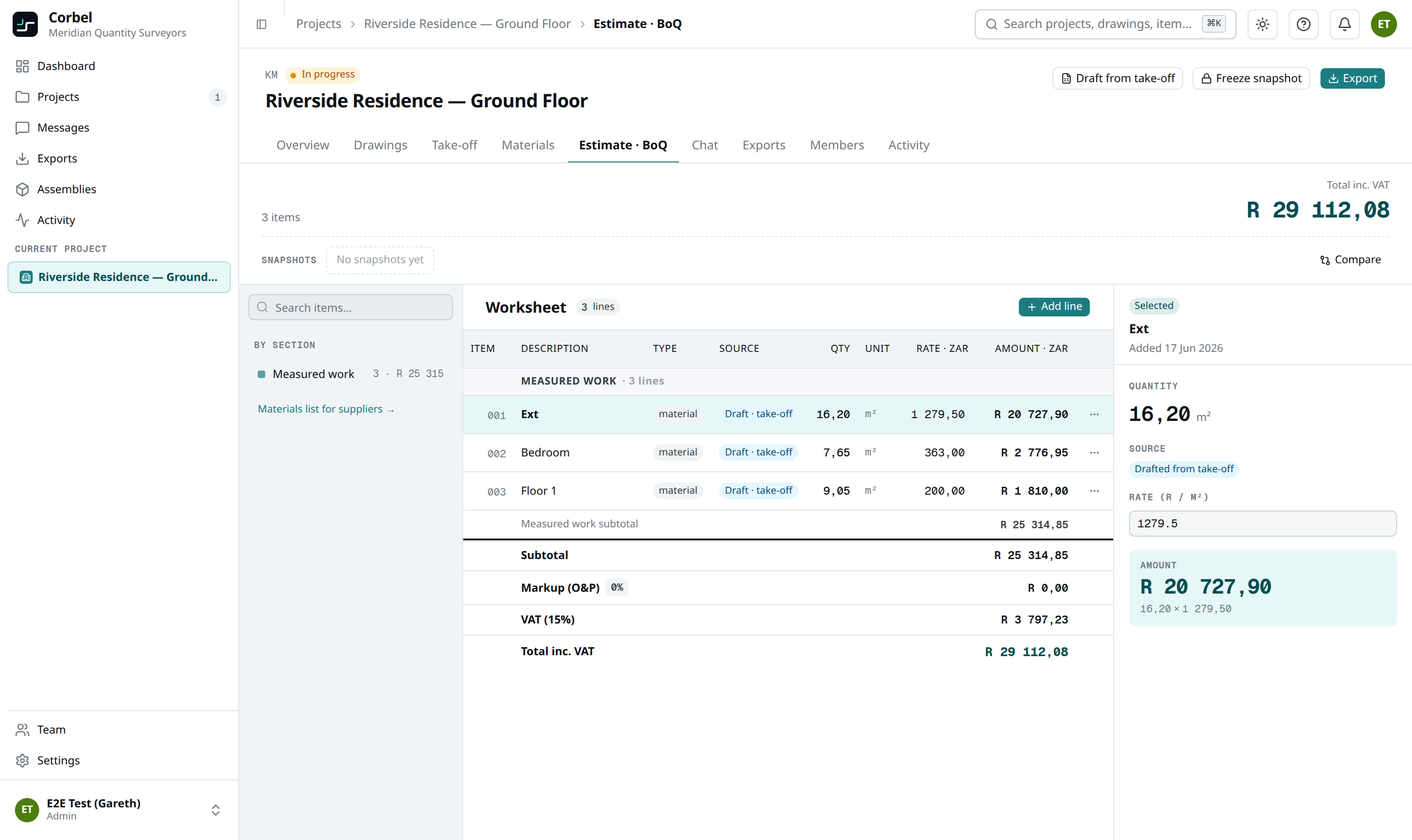 Corbel estimate — quantities priced live into a bill of quantities