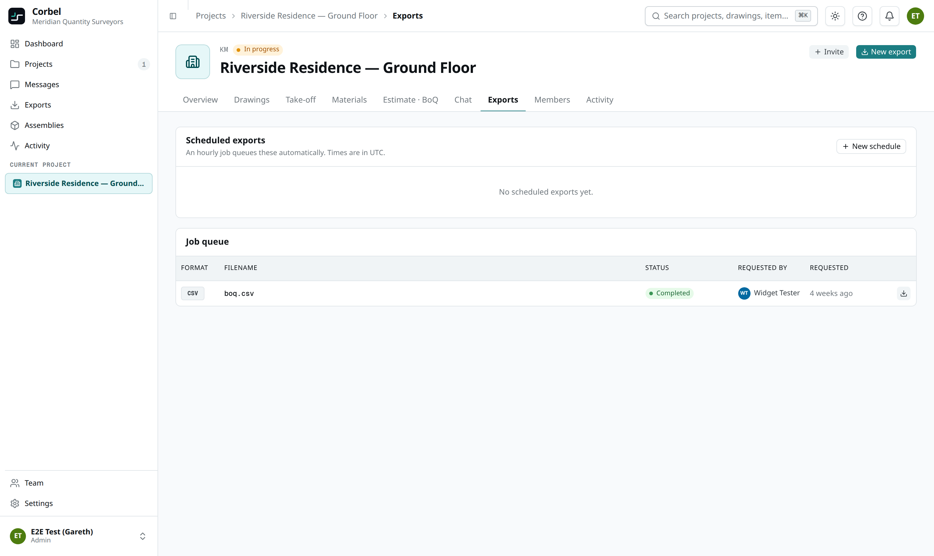 Corbel exports — sending an ASAQS bill of quantities to Excel