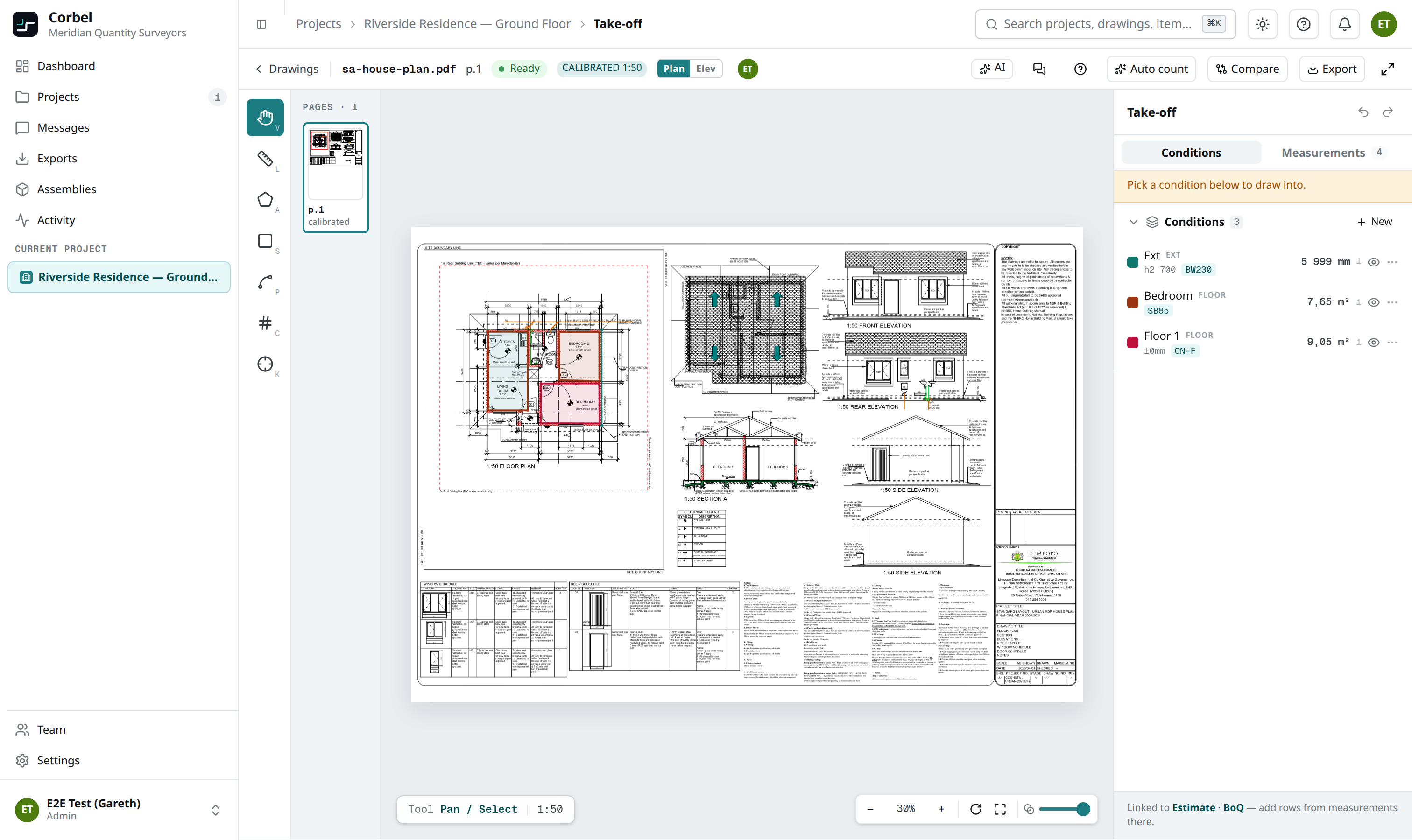 Corbel take-off viewer — measuring conditions straight off a calibrated house plan, priced live into a bill of quantities